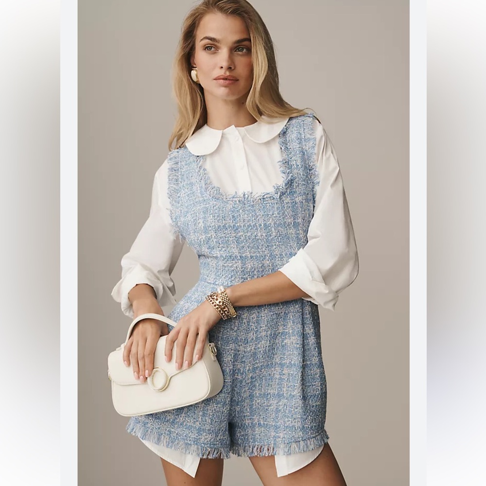 Maeve Light Blue and White Tweed Romper with Fringed Trim